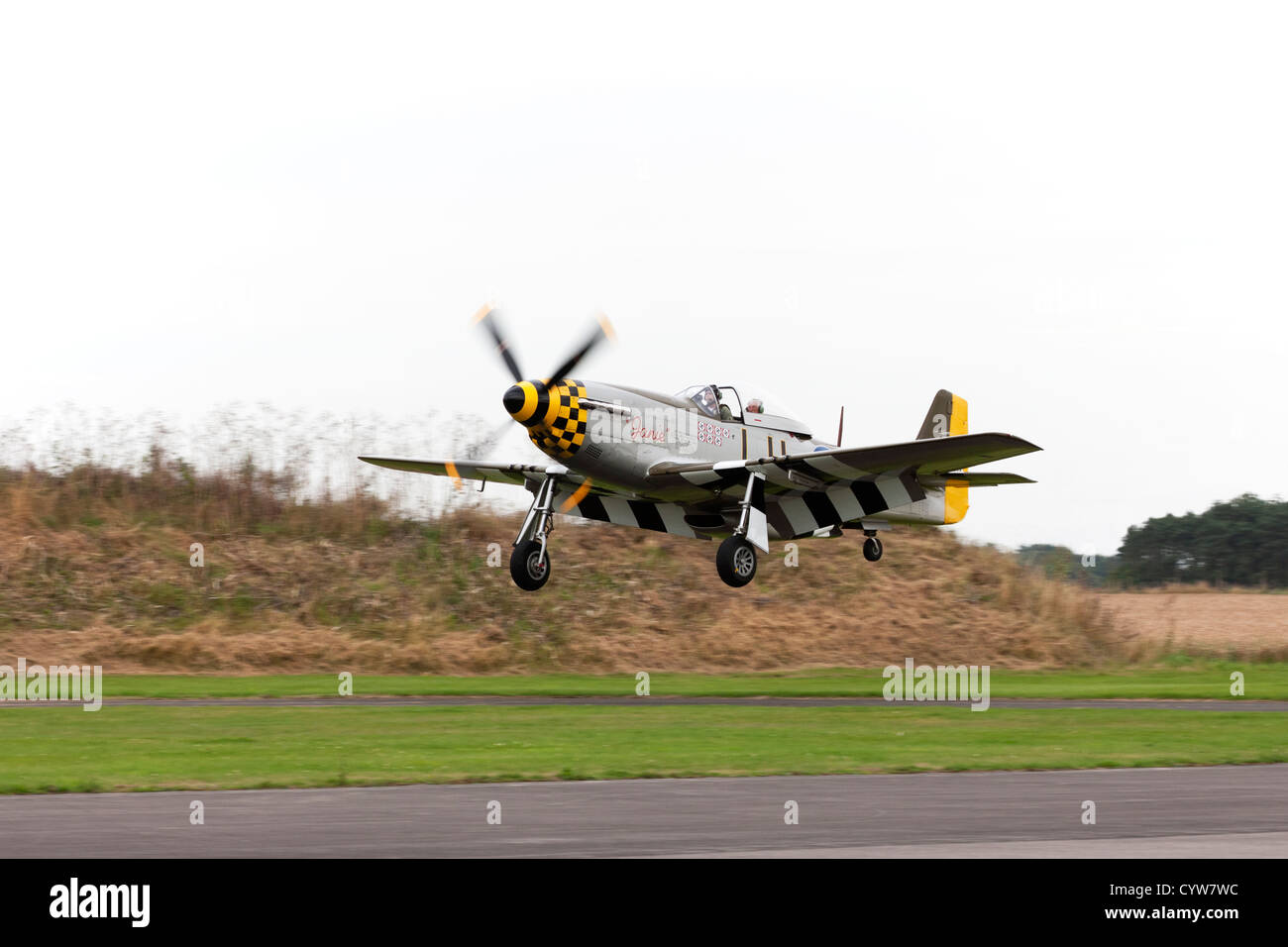 North American P51-D Mustang 'Janie' LH-F 414419 G-MSTG landing at Breighton Airfield Stock Photo
