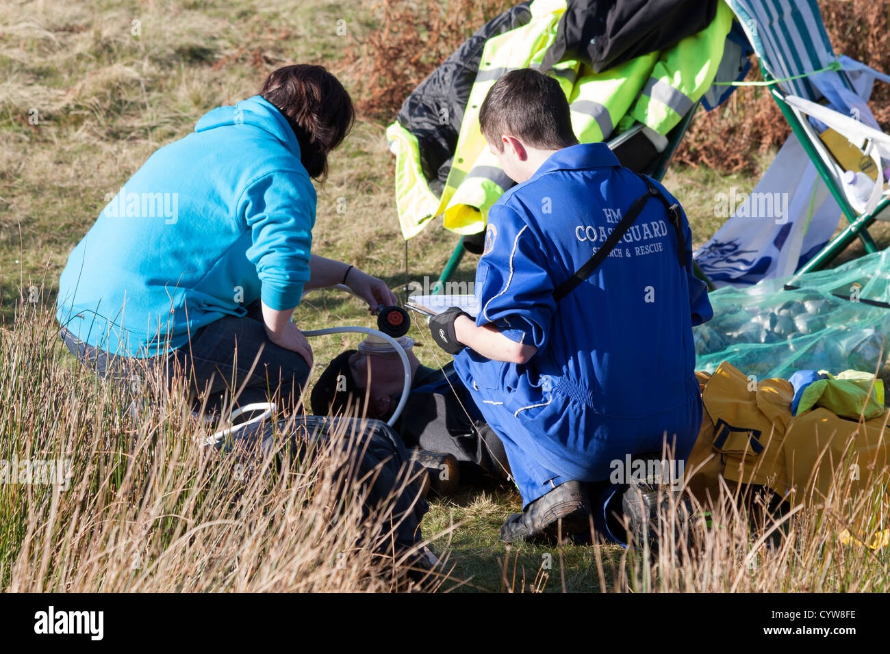 Sub Aqua diving club carrying out a practice rescue and First Aid on Wast Water in Cumbria Stock Photo