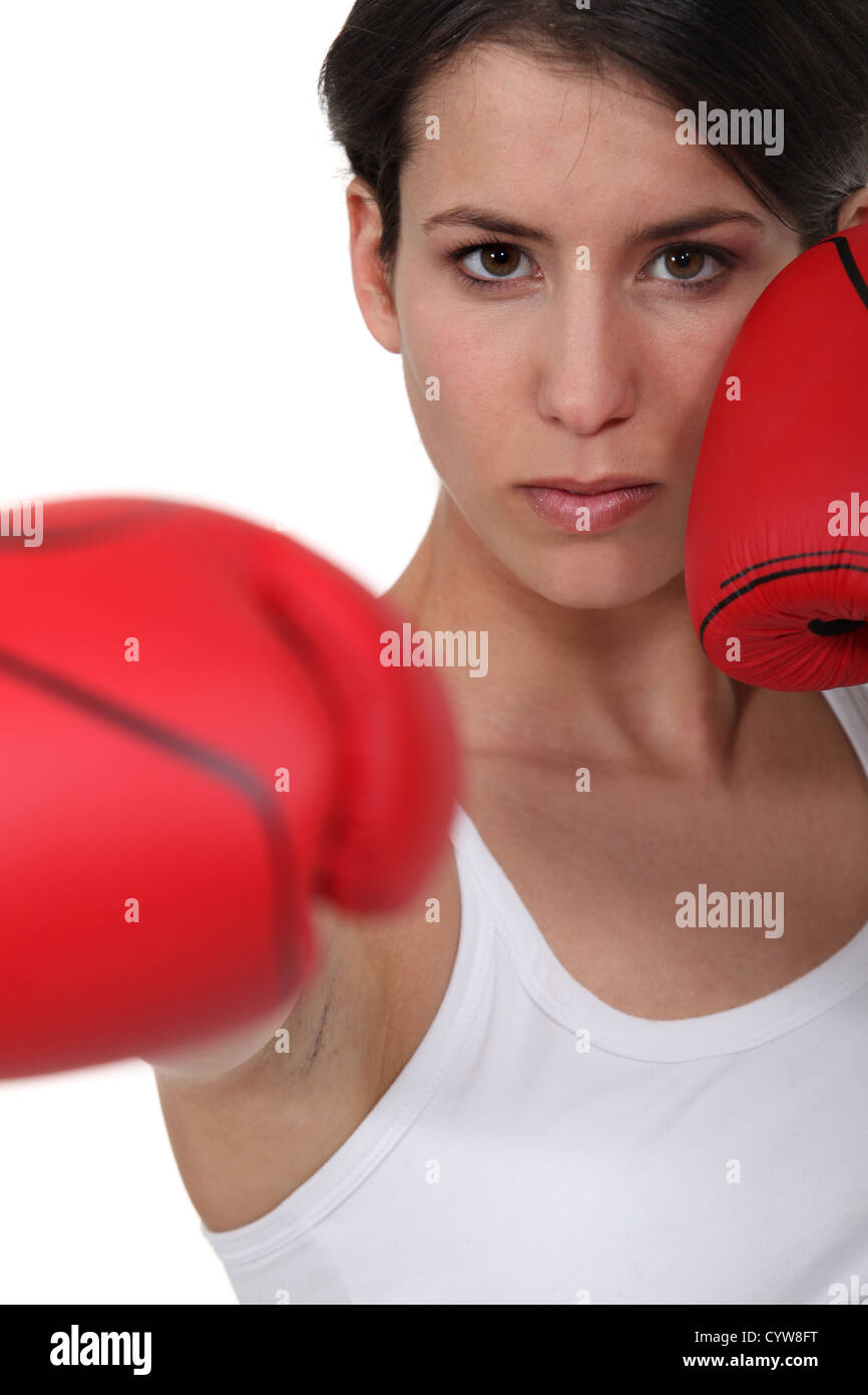 Woman wearing her boxing gloves Stock Photo Alamy