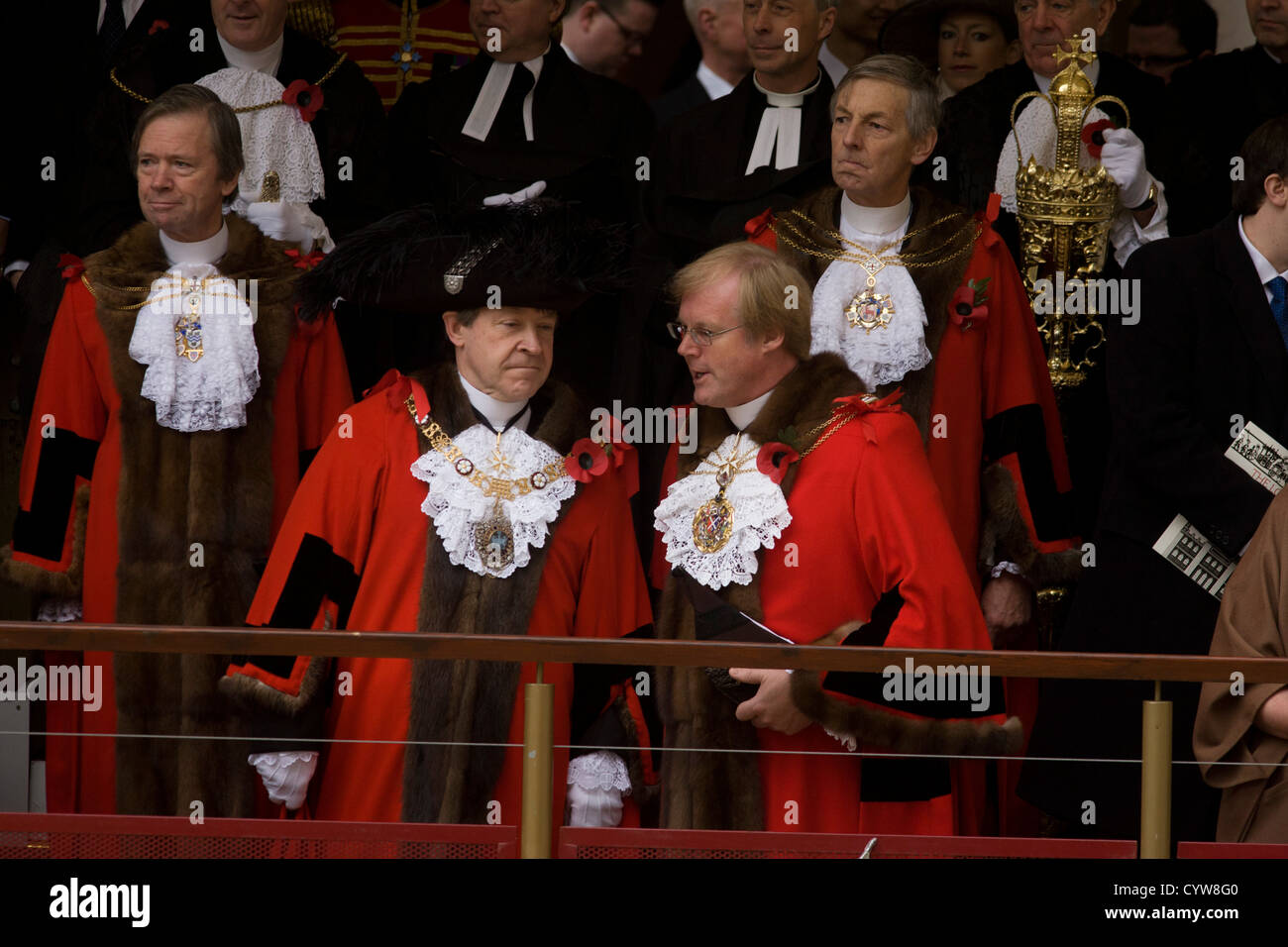 Newly-elected Alderman and Rt Hon The Lord Mayor of London, Roger Gifford (L), a merchant banker with Swedish bank SEB during the Lord Mayor's Show. Stock Photo