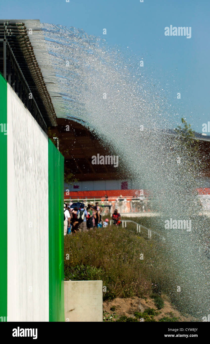 Close-up view of a man-made waterfall installation near the Riverbank Arena, in the Olympic Park, Stratford Stock Photo