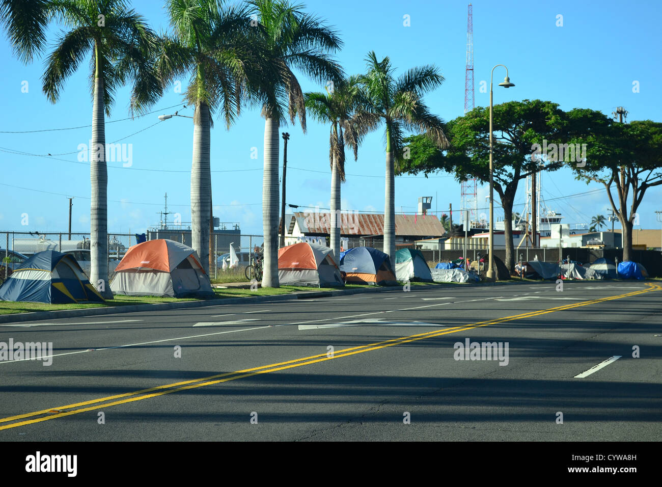 Homeless tents on the Kakaako neighborhood, Honolulu, Hawaii, USA Stock