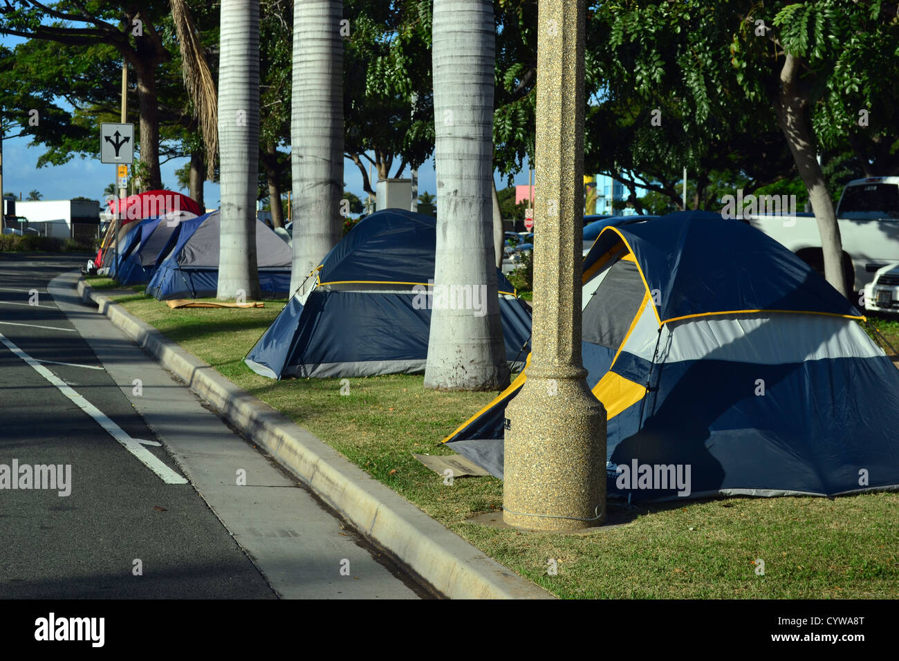 Homeless tents on the Kakaako neighborhood, Honolulu, Hawaii, USA Stock