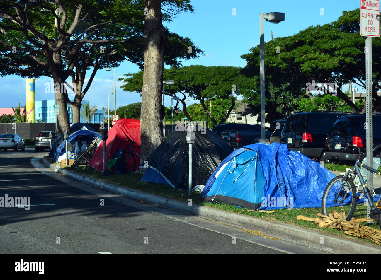 Homeless tents on the Kakaako neighborhood, Honolulu, Hawaii, USA Stock