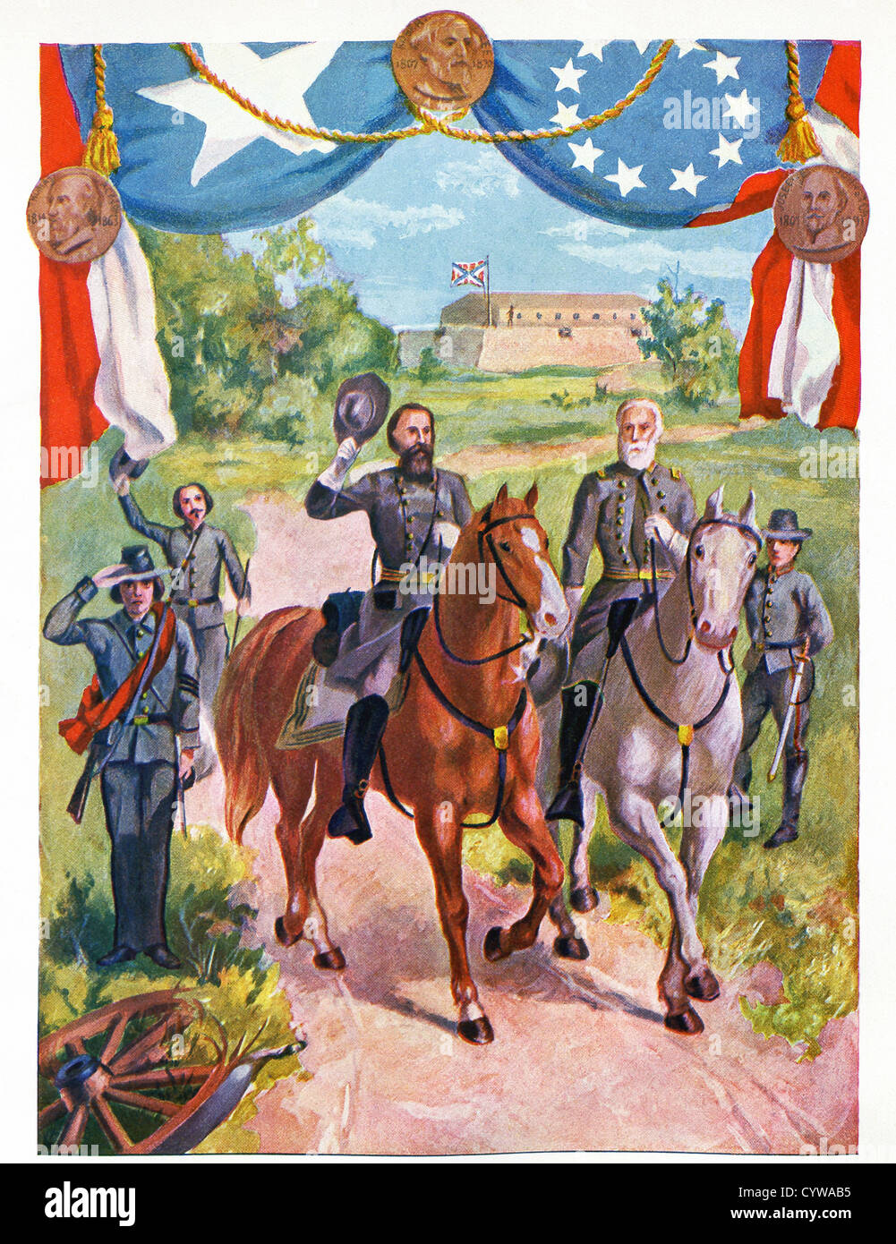 This illustration shows five military members of the Confederate Army, with the Confederate flag flying above the fort. Stock Photo