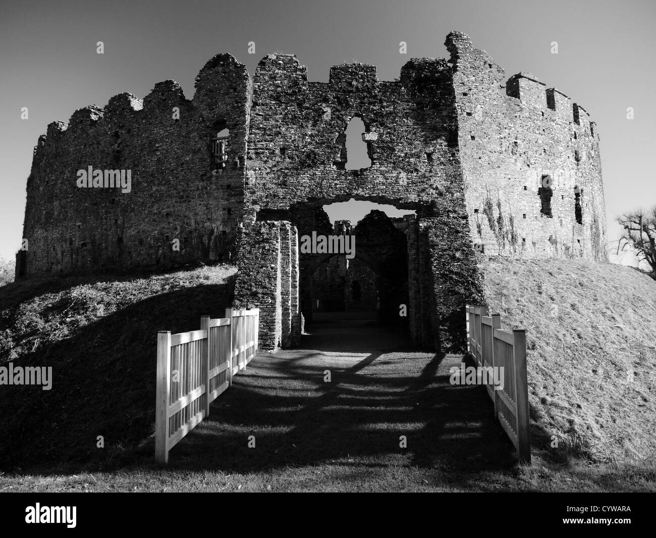 Restormel Castle, Cornwall, England. UK. Black and white. Stock Photo