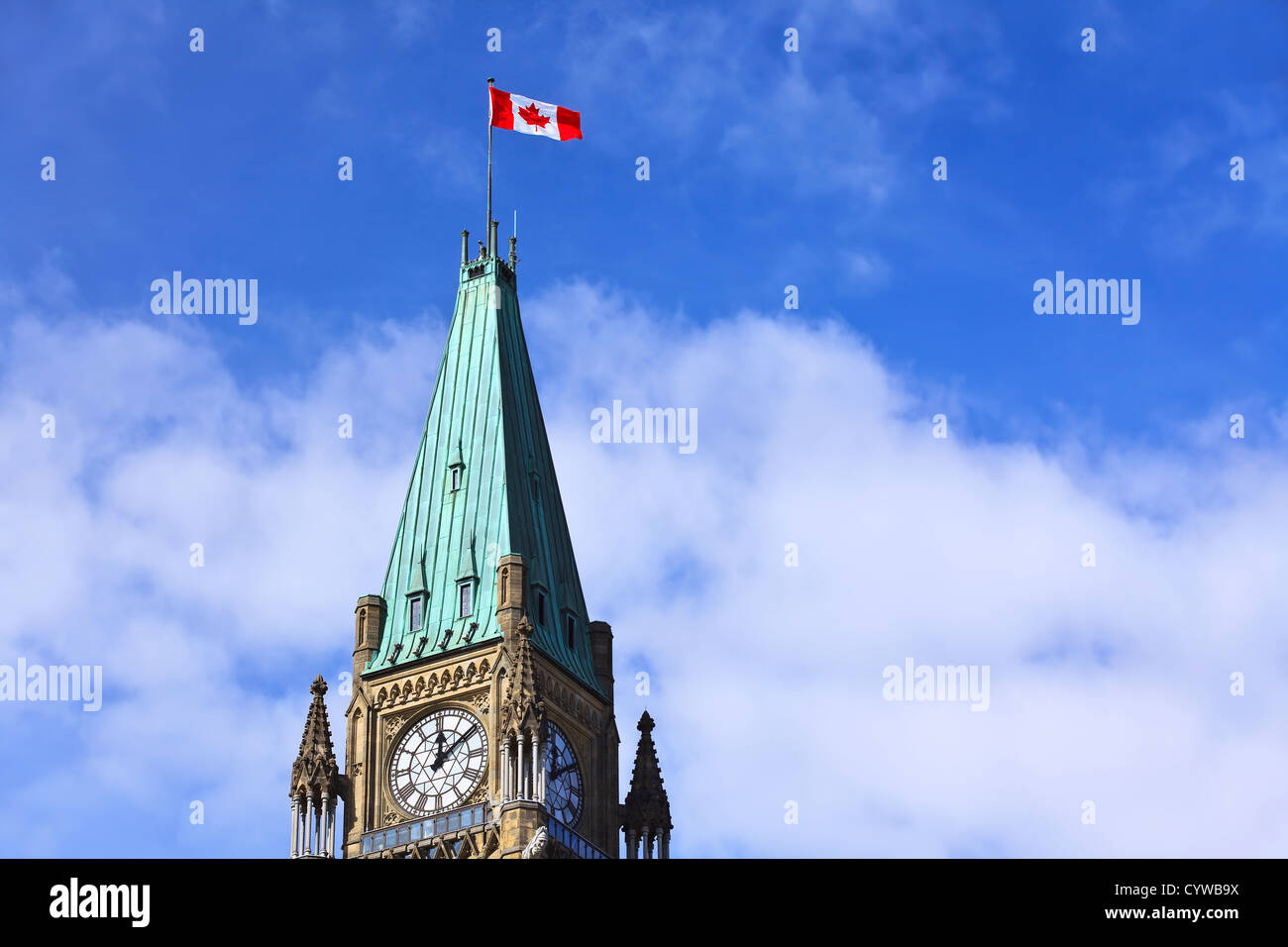 Canadian Flag on the Peace Tower, Parliament Buildings on Parliament Hill, Ottawa, Ontario, Canada Stock Photo
