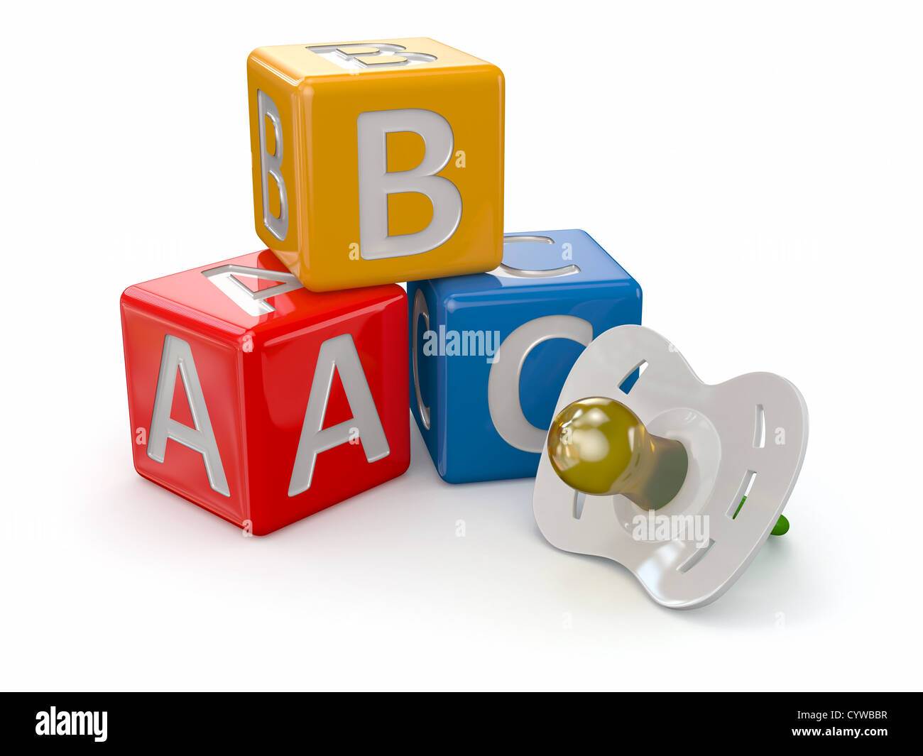 ABC blocks cube and baby's dummy. 3d Stock Photo