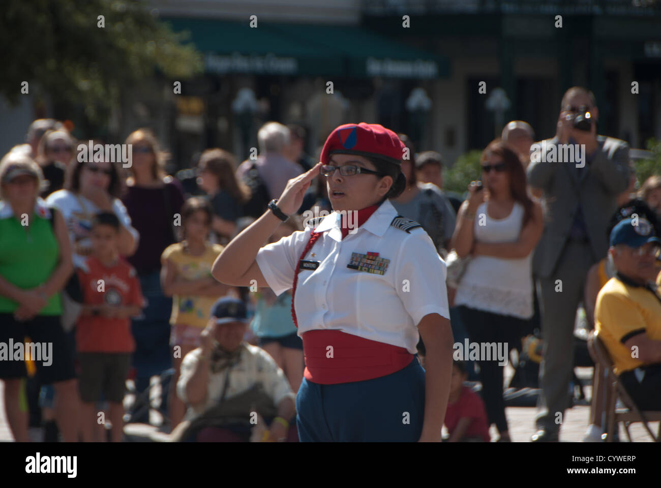 10 November 2012 San Antonio, Texas, USA - A member of the female drill team from Thomas Jefferson high school performs on Veteran's Day in front of the Alamo. Stock Photo