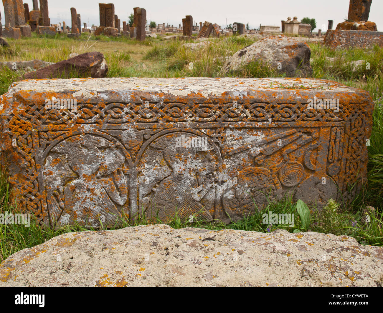 Khatchkar (cross-stone) field in Noratus Stock Photo