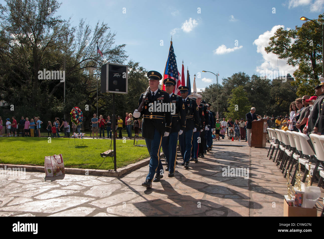 10 November 2012 San Antonio, Texas, USA - The Joint Service Color Guard from Fort Sam Houston present the colors, during the Star Spangled Banner, at the Veteran's Day memorial in front of the Alamo in San Antonio, Texas. Stock Photo