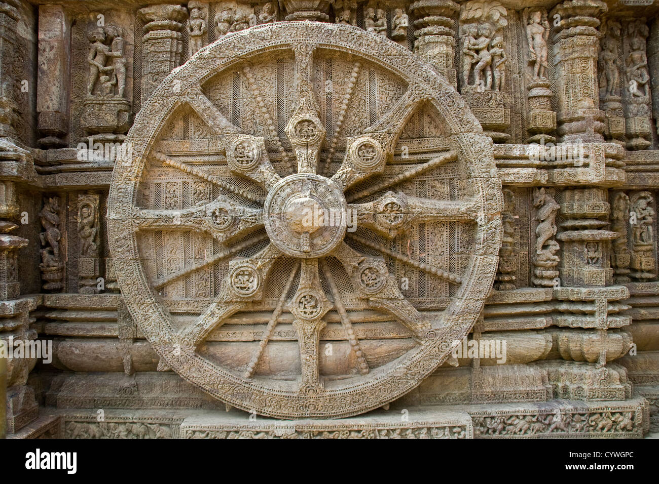 Detail s of rim, spokes and axle on chariot stone wheel at Sun Temple, Konark, Orissa, India, Asia Stock Photo