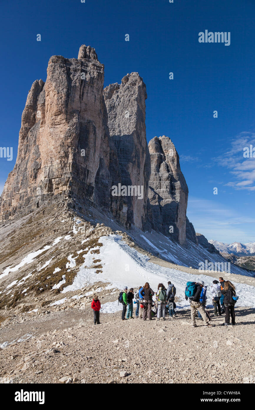 Group of climbers at the Tre Cime Di Lavaredo mountain Peaks in the Alps Stock Photo