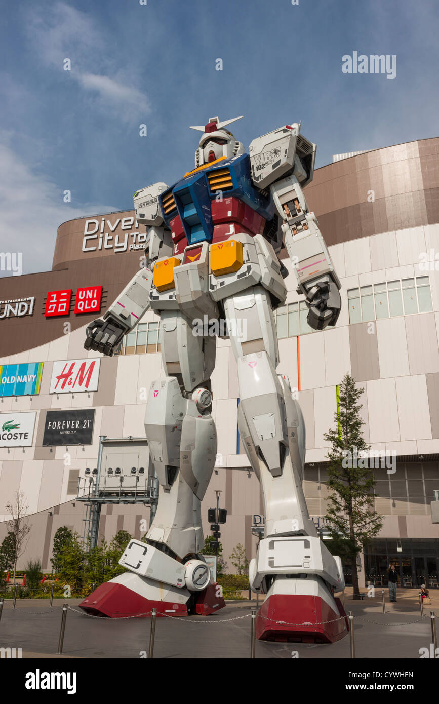An 18 meter full scale model of the Gundam robot from the Japanese anime series at Diver City Odaiba Tokyo Japan. Stock Photo