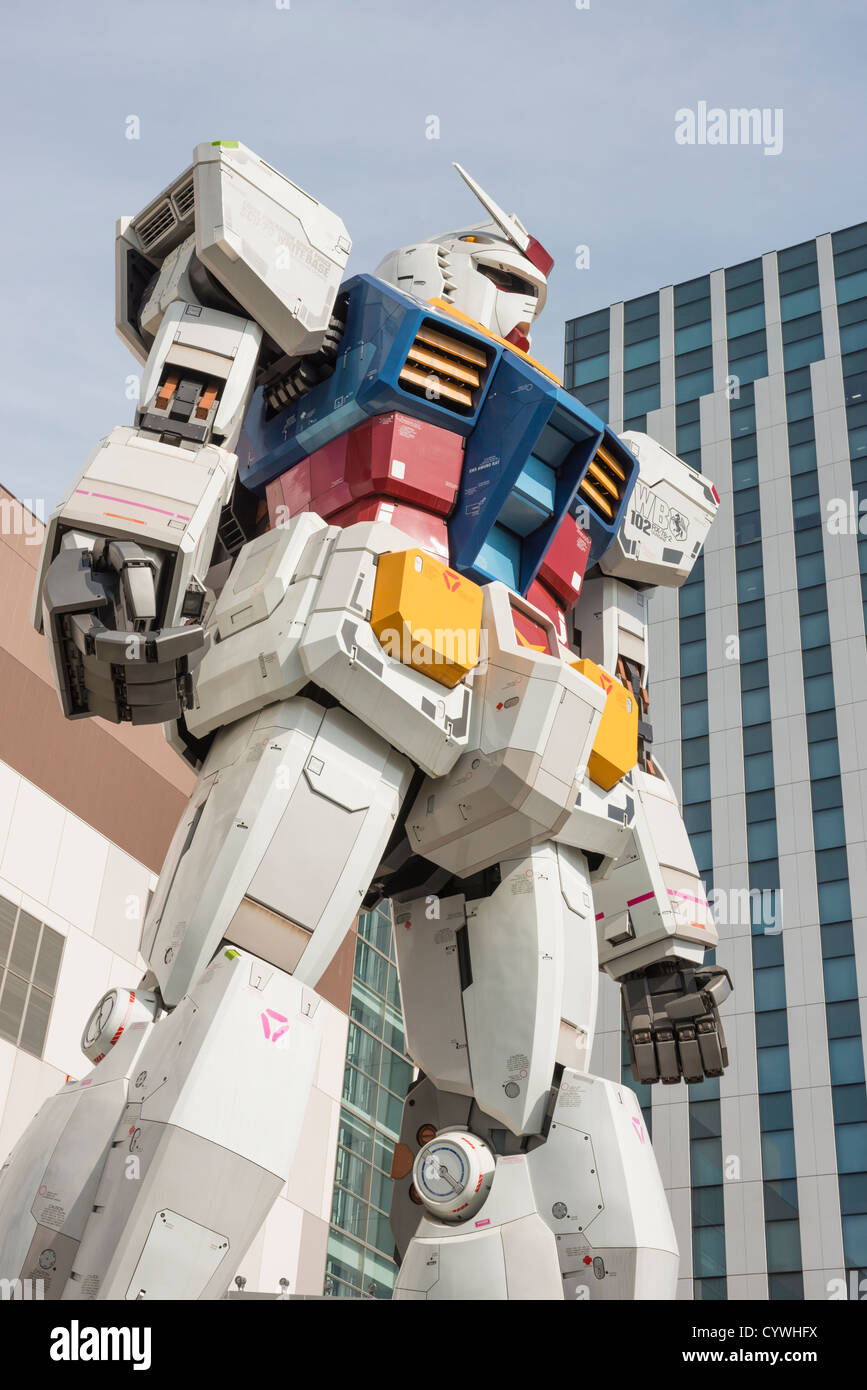 An 18 meter full scale model of the Gundam robot from the Japanese anime series at Diver City Odaiba Tokyo Japan. Stock Photo