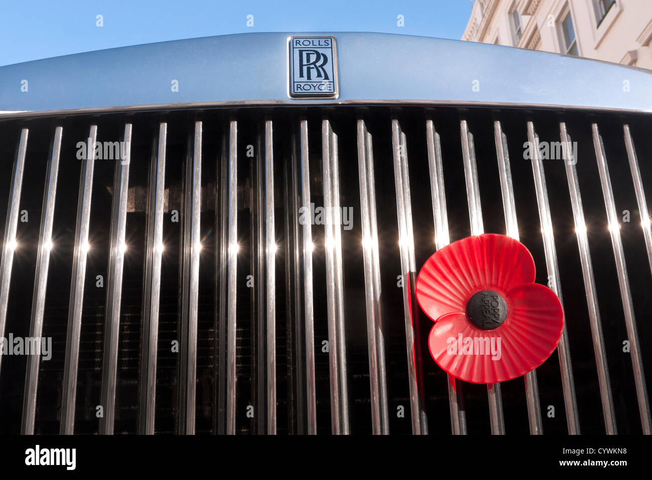 Automobile Poppy fixed of a Rolls Royce car radiator grill in London UK