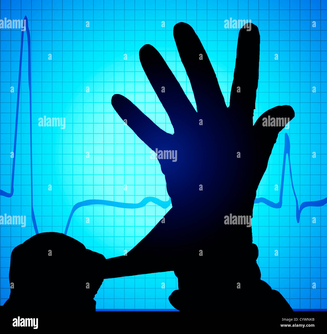 surgical gloves being installed against EKG background Stock Photo