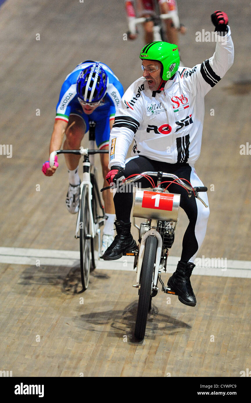 10.11.2012 Montichiari, England. Davide Vigan&#xf2; wins the European Derny Championships from the Velodrome in Montichiari. Stock Photo