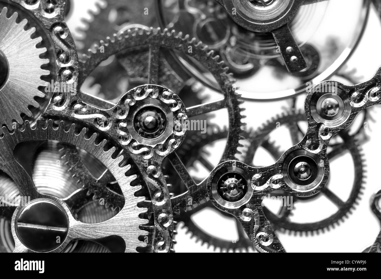 black and white close view of watch mechanism Stock Photo