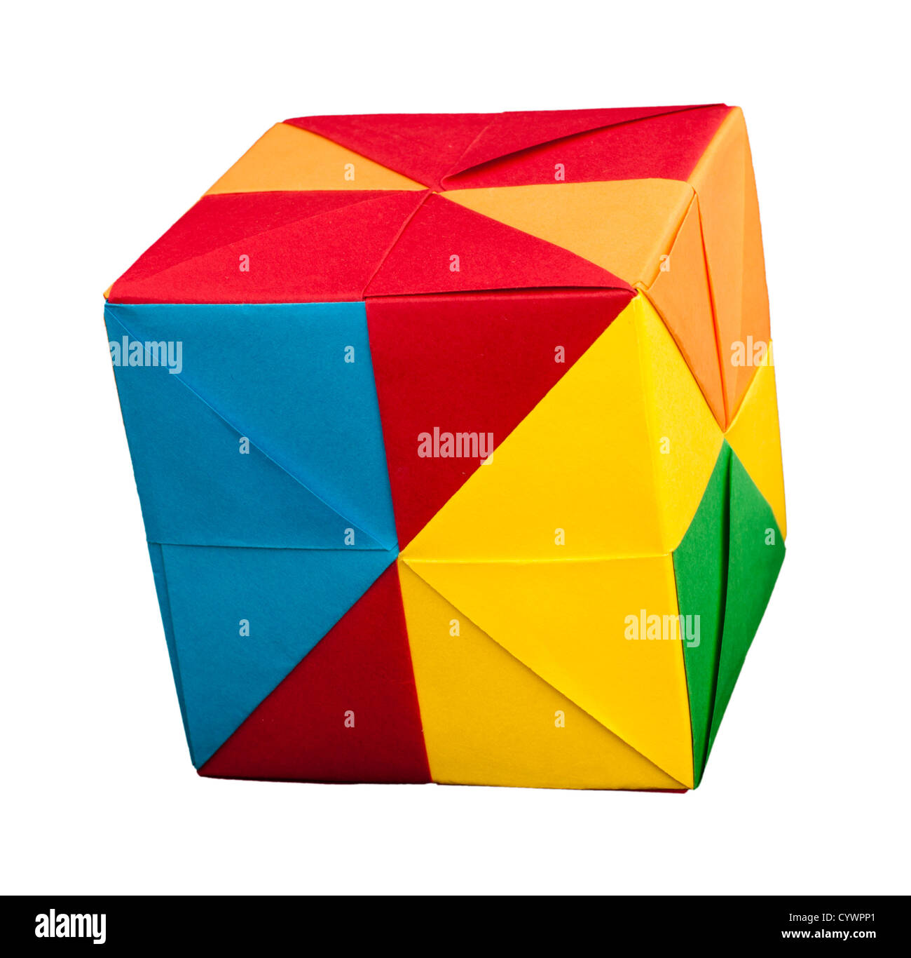 Paper made multi colored patterned cubes folded origami style. Stock Photo