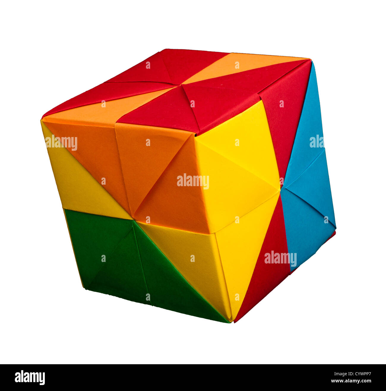 Paper made multi colored patterned cubes folded origami style. Stock Photo