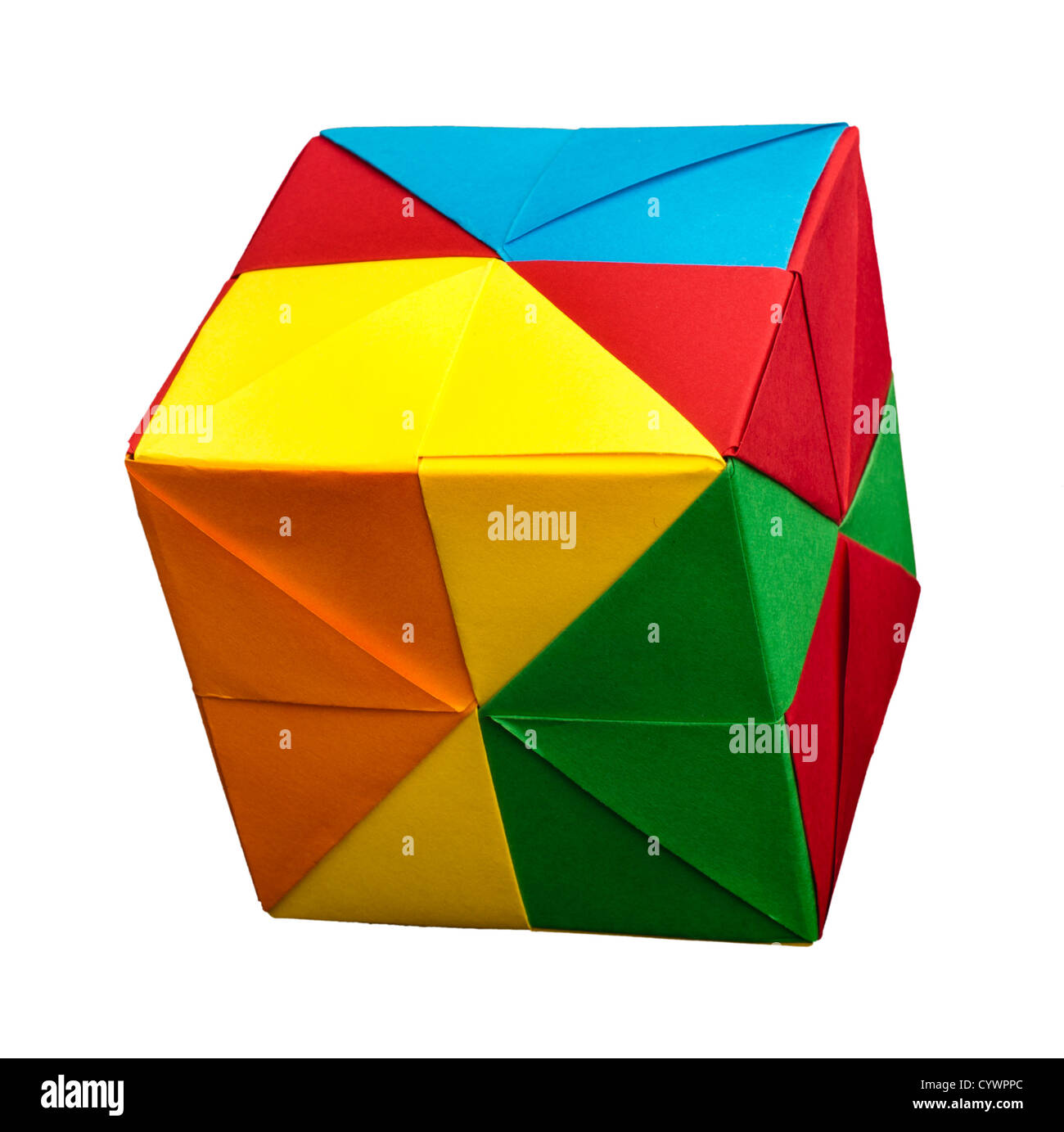Paper made multi colored patterned cubes folded origami style. Stock Photo