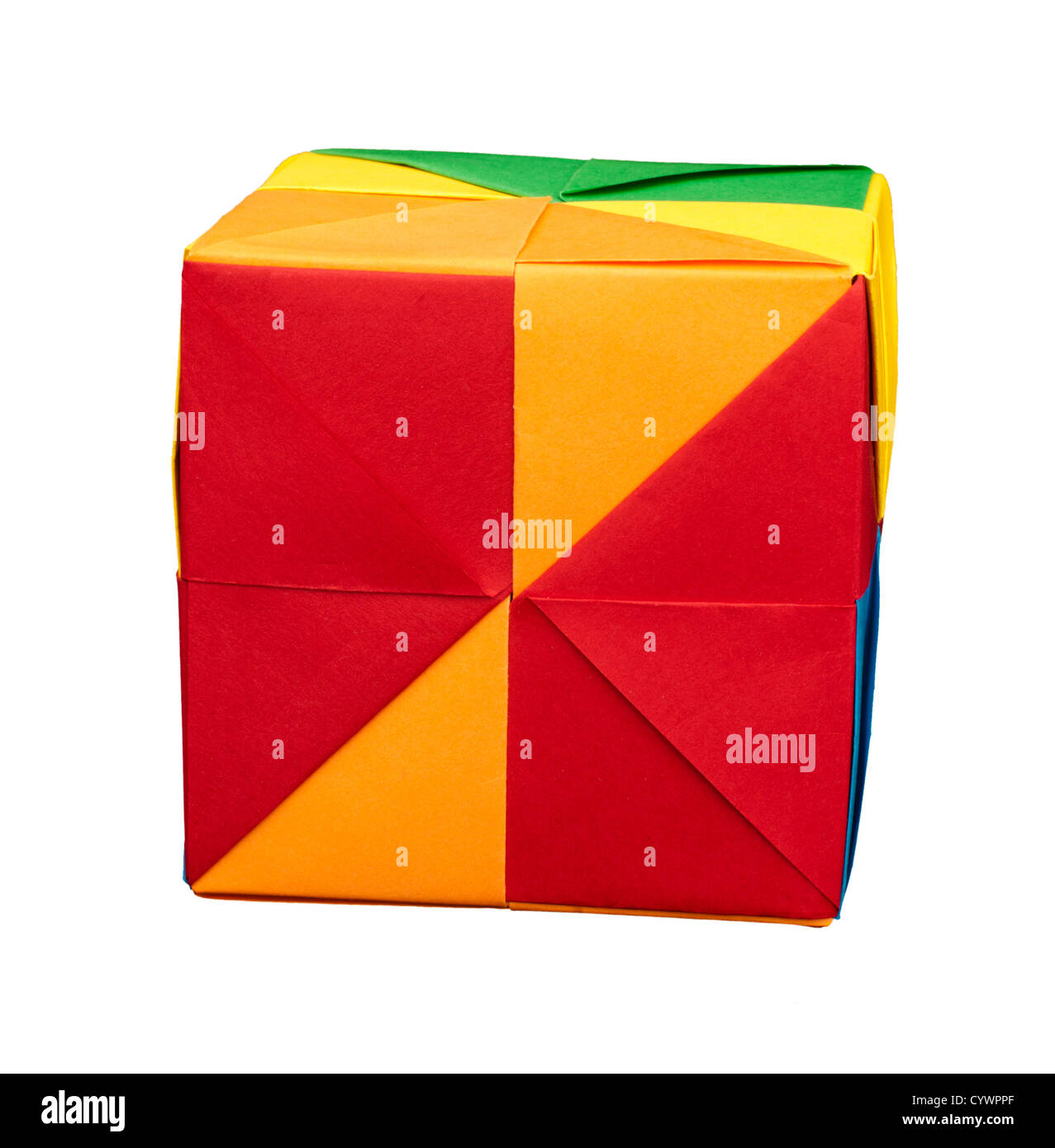 Paper made multi colored patterned cubes folded origami style. Stock Photo