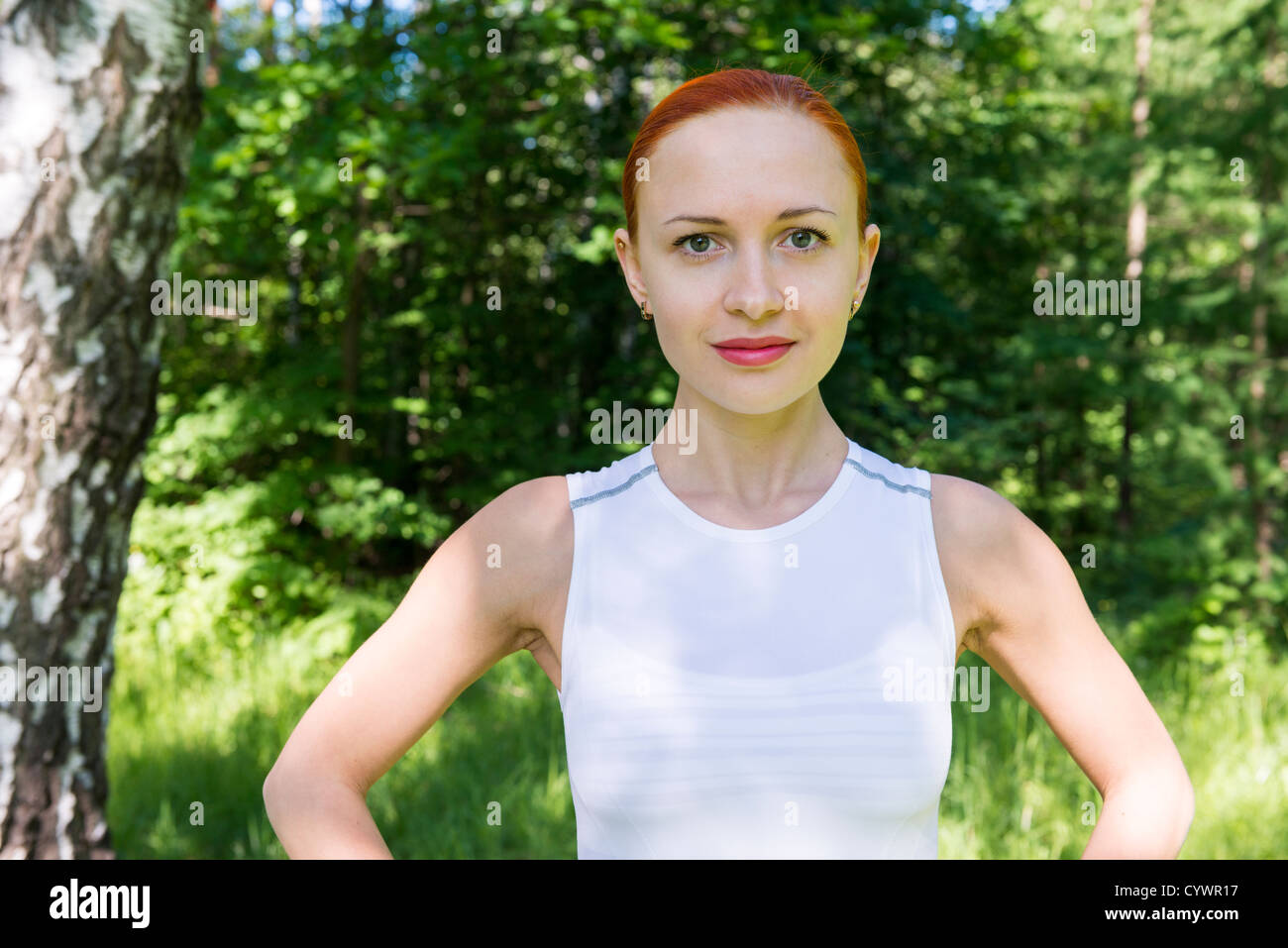 woman fitness fit slim nature green summer Stock Photo Alamy