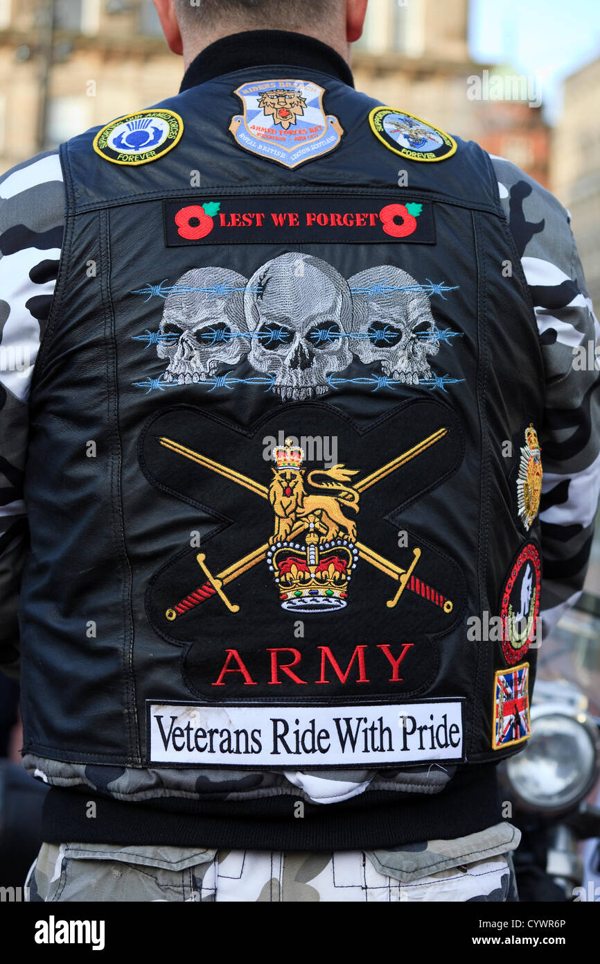 11 November 2012, George Square,Glasgow Scotland. Decals on the leather jacket of Frankie Healey, ex military and member of the Royal British Legion motorcyclists, Scotland Branch, at the Remembrance Day parade Stock Photo