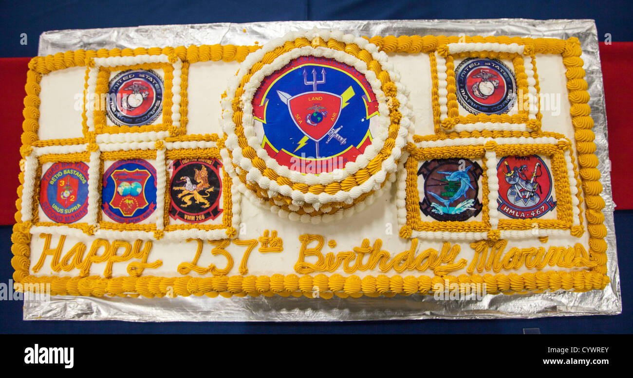 A birthday cake for the Marines and sailors assigned to the 26th Marine Expeditionary Unit (MEU), sits on a table during a U.S. Stock Photo