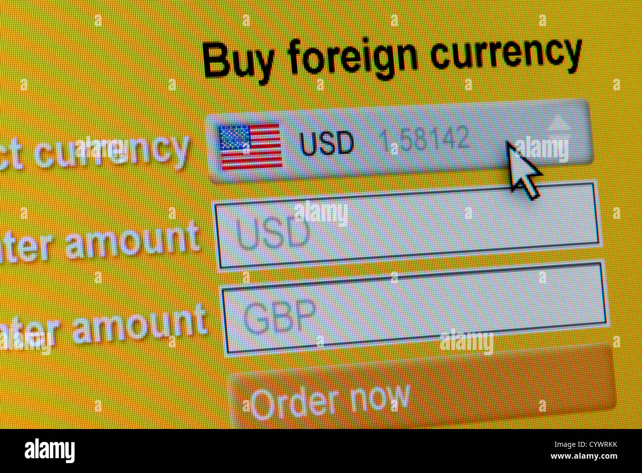 Close up of a fictional website inviting users to buy foreign currency, in this instance US Dollars. Stock Photo