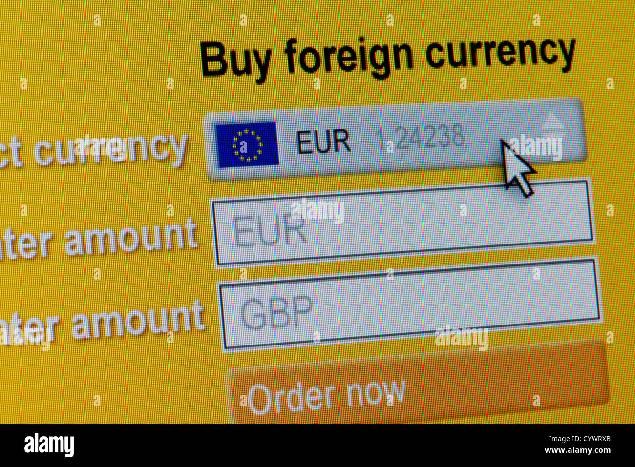 Close up of a fictional website inviting users to buy foreign currency, in this instance Euros. Stock Photo