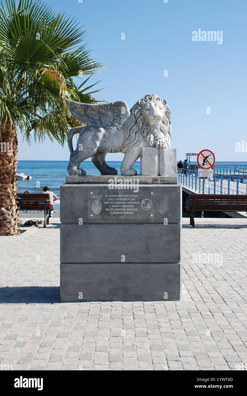 Lion of Venice statue on Larnaka seafront Stock Photo