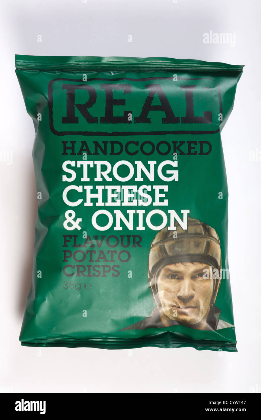 REAL hand cooked strong cheese & onion potato crisps Stock Photo