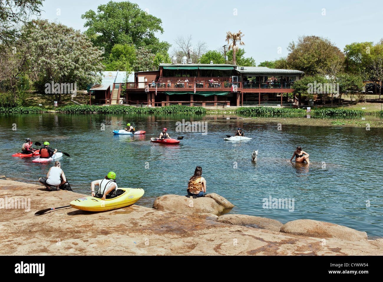 Kayaking on the spring fed San Marcos River, Texas. Stock Photo