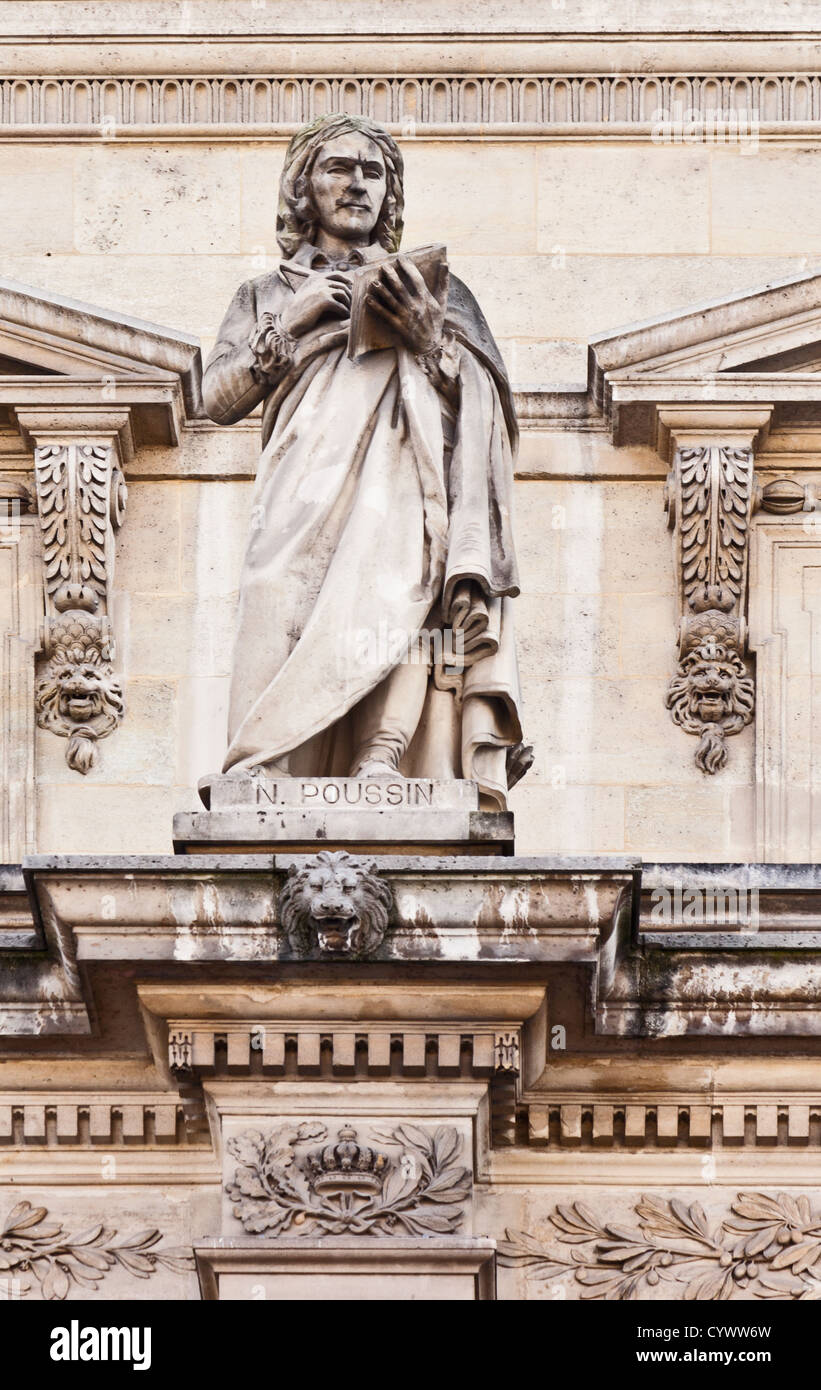 Statue of Nicolas Poussin (1594 - 1665), French artist, in the Cour Napoleon, Louvre Museum, Paris Stock Photo