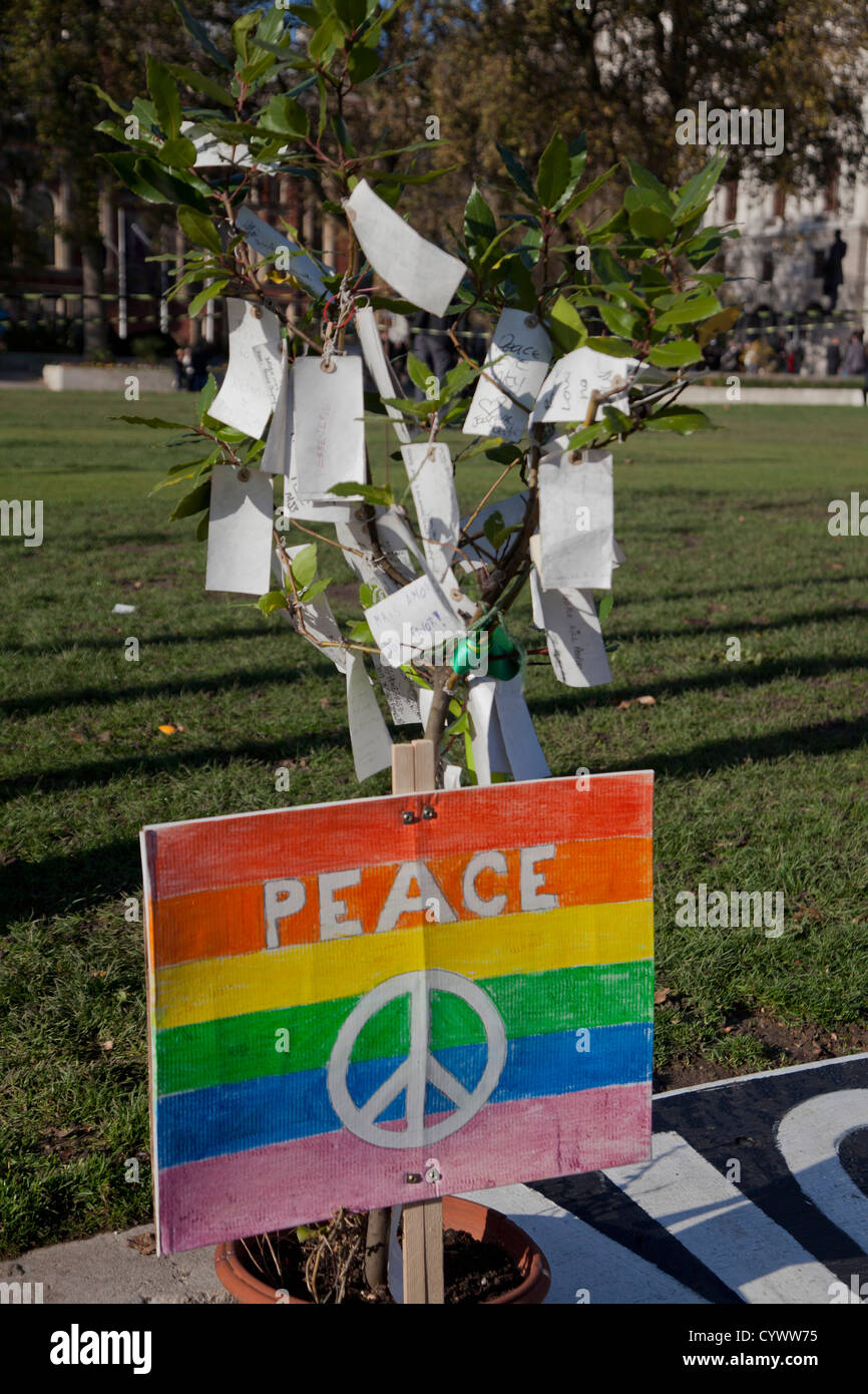 Peace campaigners wave flag during Remembrance Day in London. 11.11.2012 Stock Photo