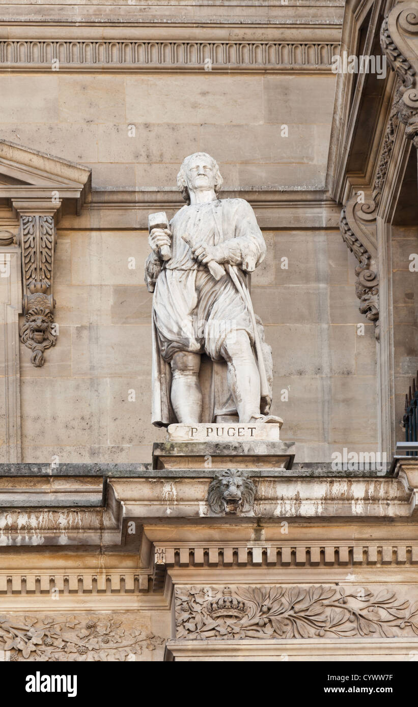 Statue of  Pierre Puget (1620 - 1694), French Sculptor,  Courtyard of the Louvre Museum, central Paris, France Stock Photo