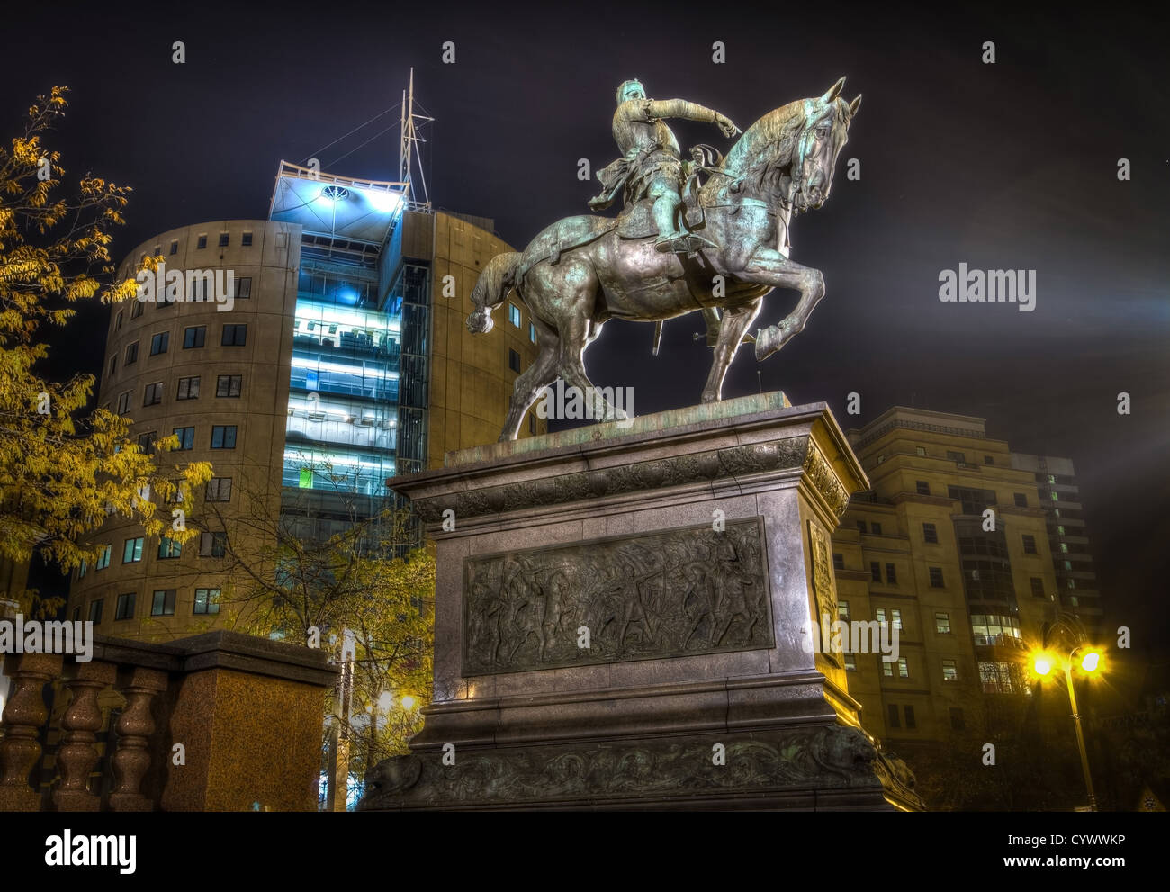 Leeds City Square Statue taken at Night Stock Photo