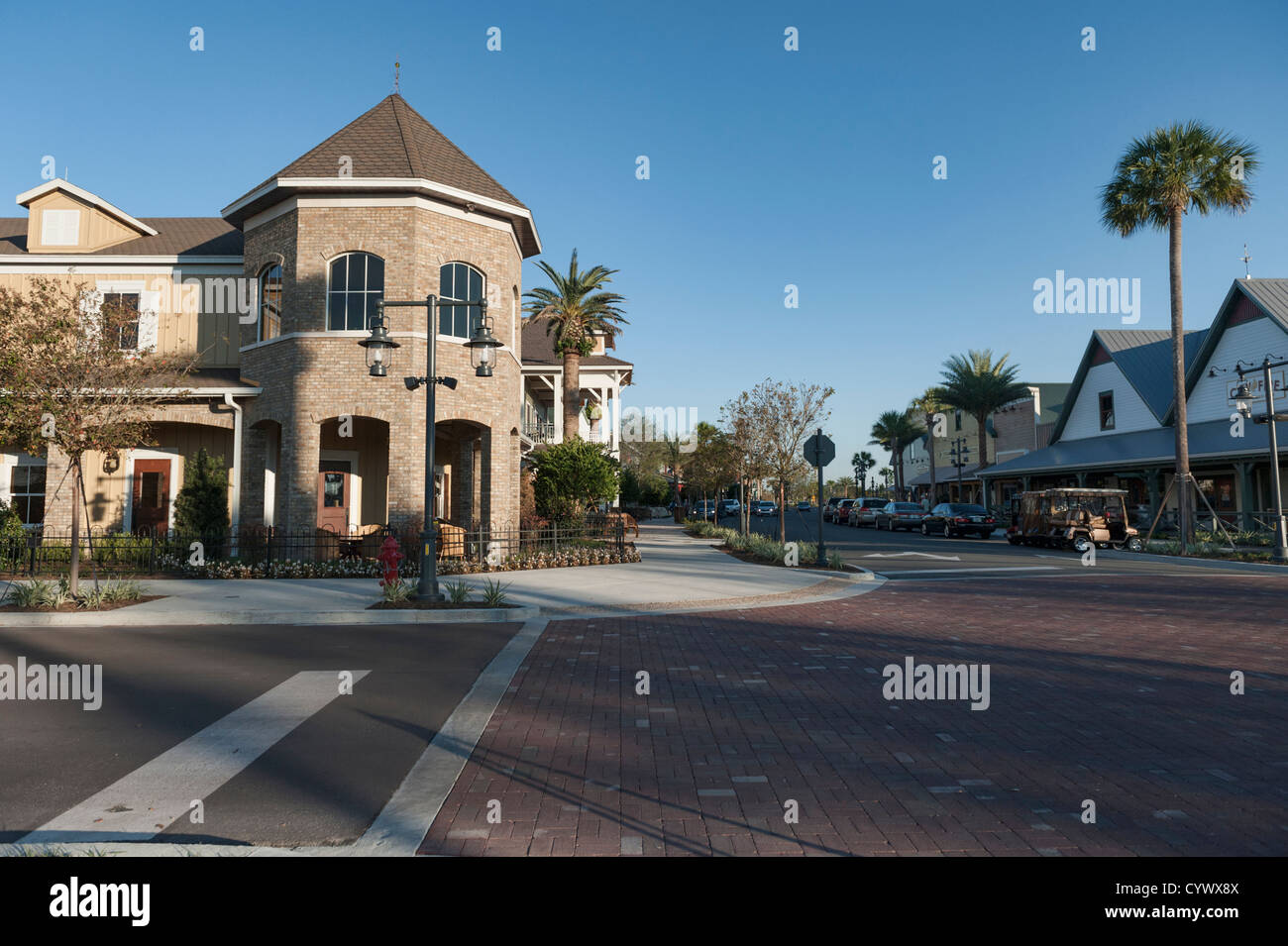 Brownwood City streets in The Villages, Florida. A golf retirement community for adults 55 and above. Stock Photo