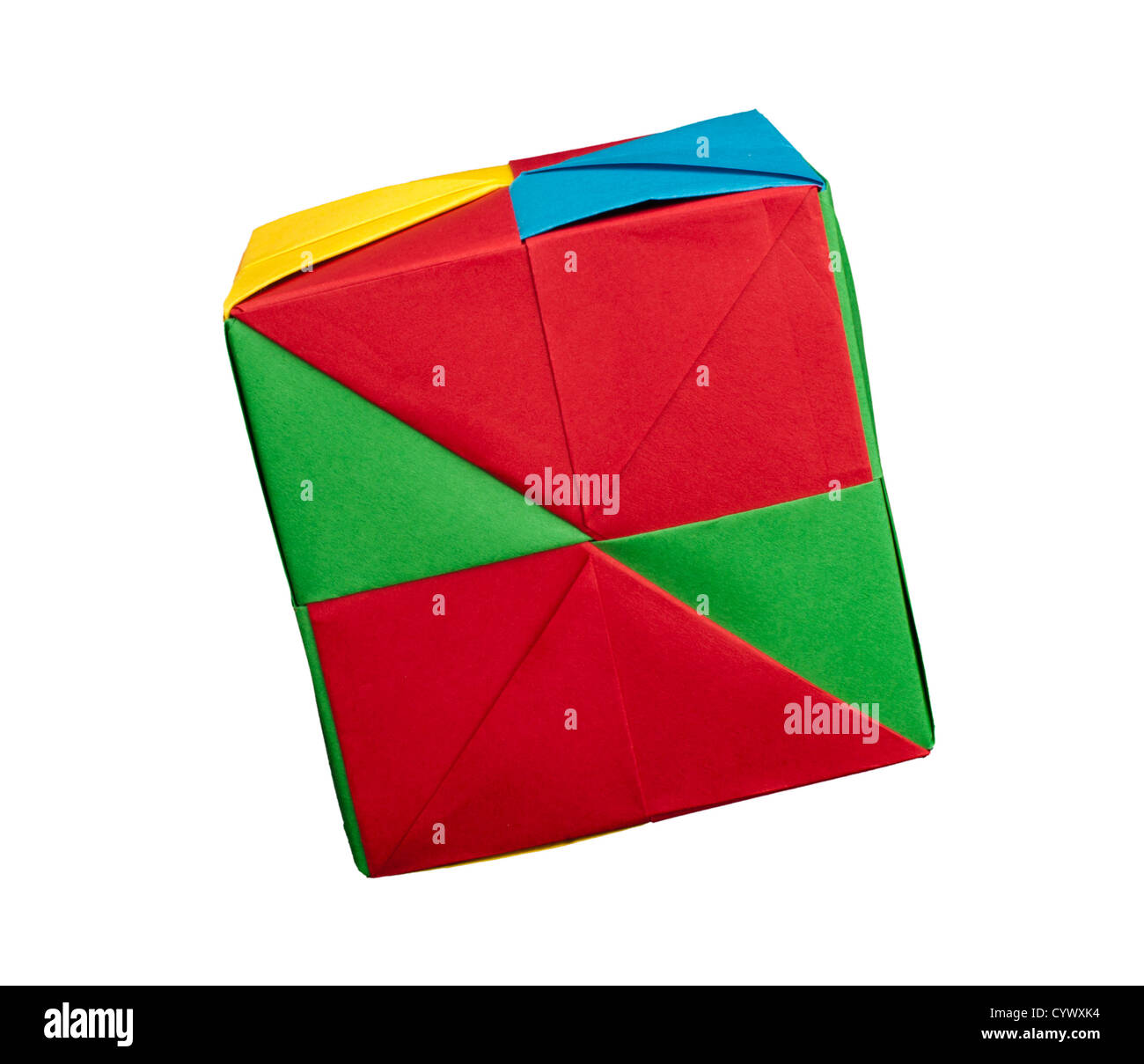 Paper made multi colored patterned cubes folded origami style. Stock Photo