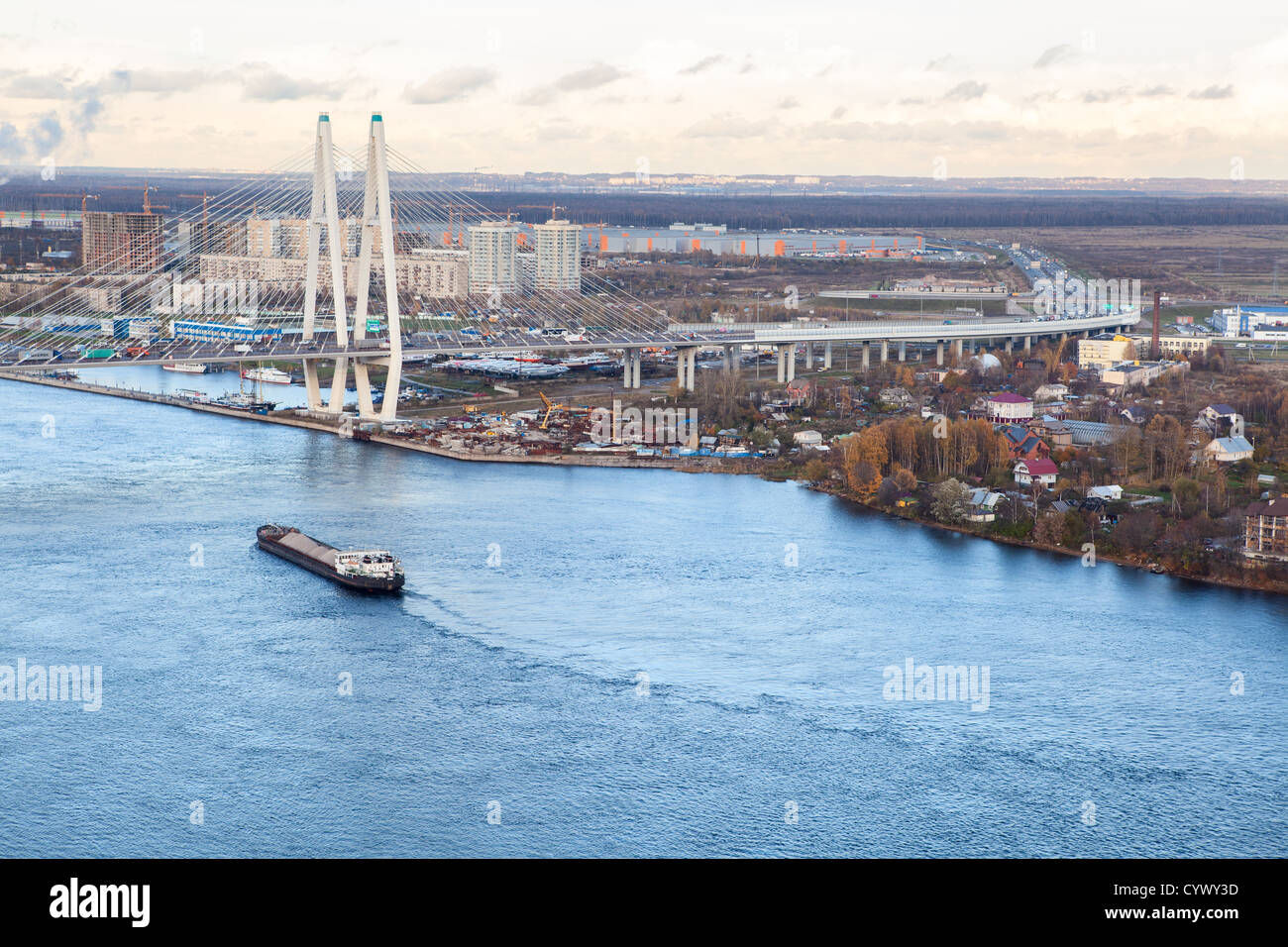 Dry cargo ship on the River Neva in the cable-stayed bridge Obukhov, St. Petersburg, Russia Stock Photo