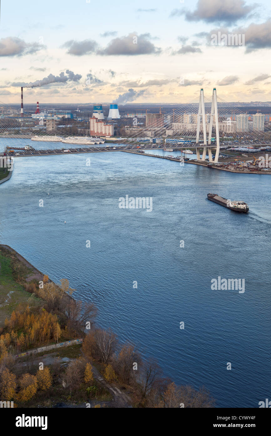 Cargo ship on the River Neva in the cable-stayed bridge Obukhov, St. Petersburg, Russia Stock Photo