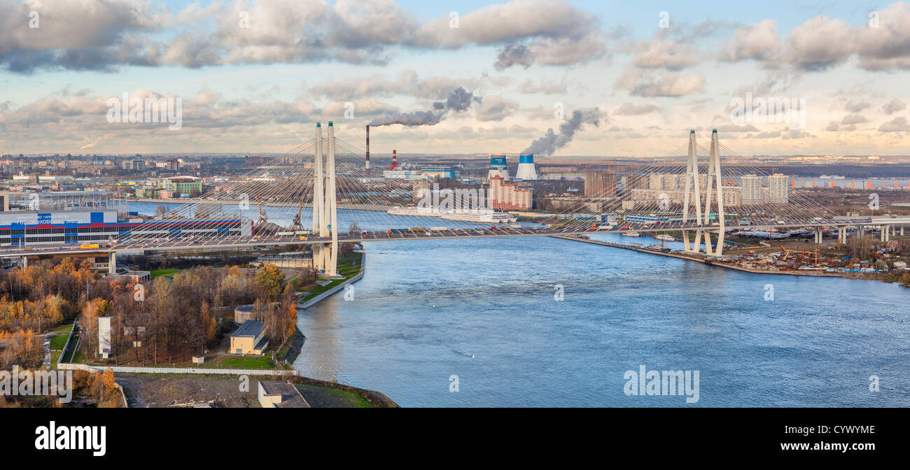 Panorama view of the surroundings Obukhov Cable Bridge in St. Petersburg, Russia Stock Photo
