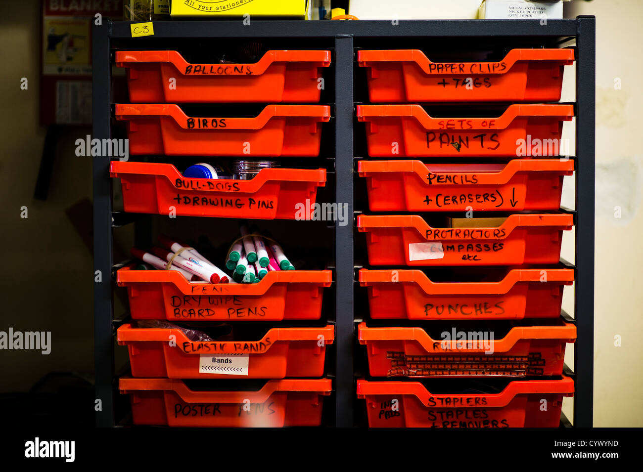 Plastic drawers full of various assorted arts and crafts materials