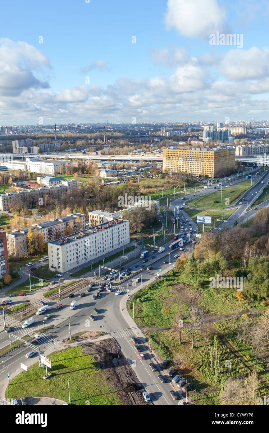 The interchange of ringway in the area of prospect Obukhovskoy Oborony and the cable-stayed bridge, Saint-Petersburg, Russia Stock Photo