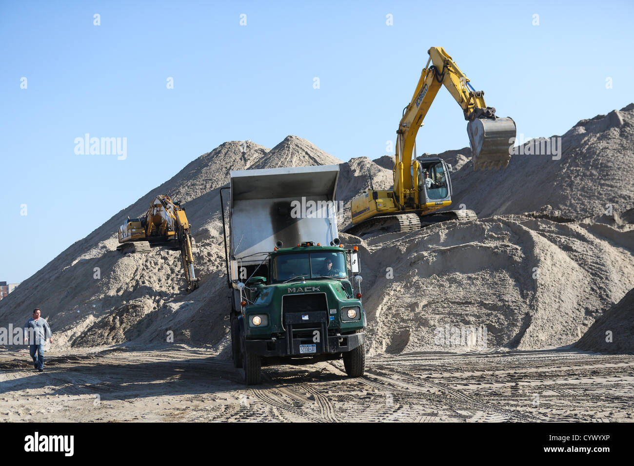 Nov. 11, 2012 - Long Beach, New York - A multiple story mountain of sand gathered from the clean up of Long Beach, New York after Hurricane Sandy is seen on Sunday, November 11, 2012. (Credit Image: © Nicolaus Czarnecki/ZUMAPRESS.com) Stock Photo