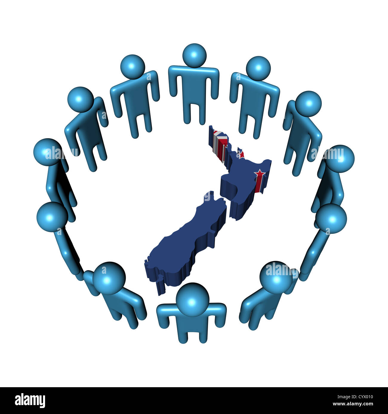 Circle of abstract people around New Zealand map flag illustration Stock Photo