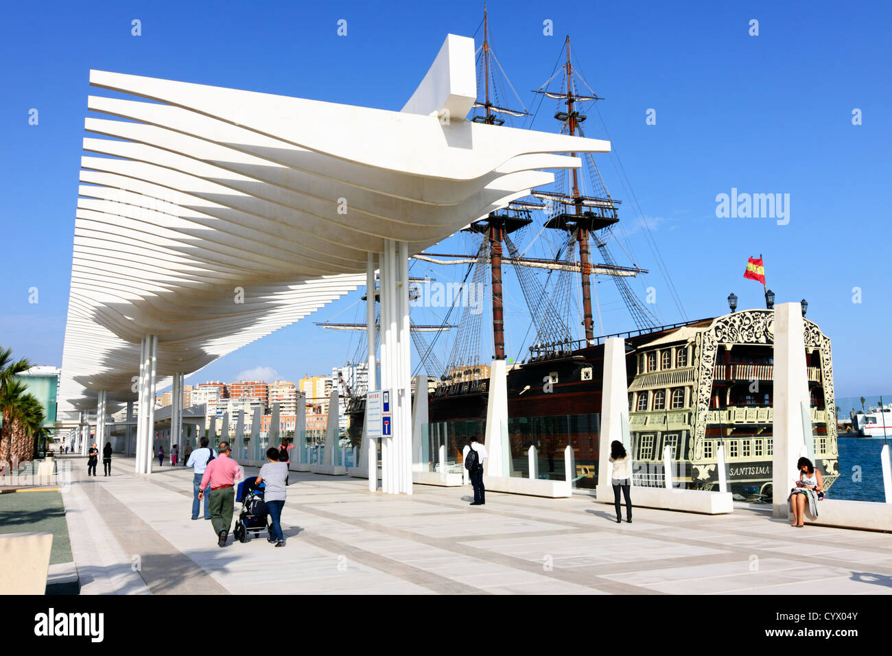 La Malagueta, Malaga new port with replica of the XVIII century war ship Santísima Trinidad Stock Photo