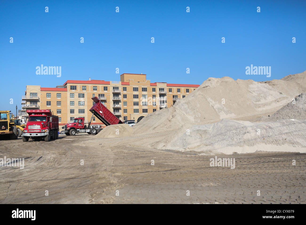 Nov. 11, 2012 - Long Beach, New York - A multiple story mountain of sand gathered from the clean up of Long Beach, New York after Hurricane Sandy is seen on Sunday, November 11, 2012. (Credit Image: © Nicolaus Czarnecki/ZUMAPRESS.com) Stock Photo